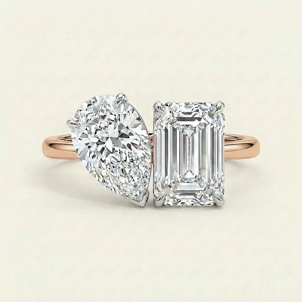 Moissanite 2.85 CT Pear & Emerald Cut Diamond Toi Et Moi Ring