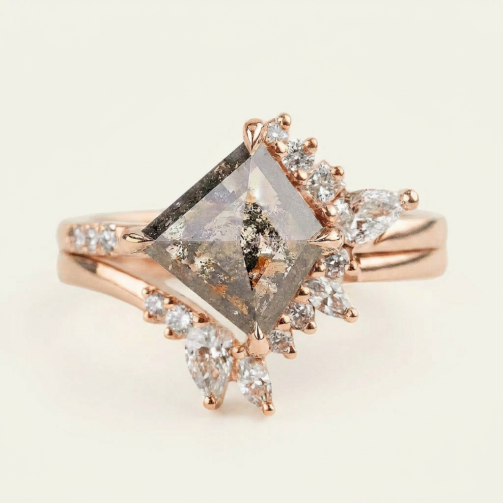 1.65 CT Kite & Round Cut Salt and Pepper Diamond Cluster Ring