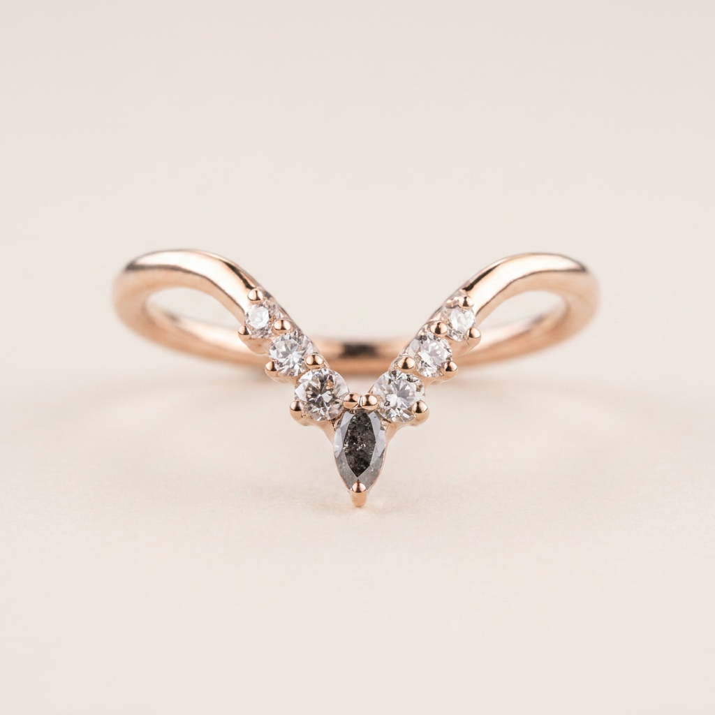 0.25 CT Marquise & Round Cut Salt and Pepper Diamond Ring (V-Pepper)