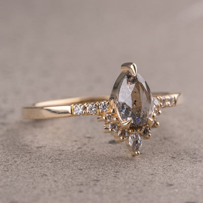 Natural Salt & Pepper 1.55CT Pear Diamond Art Deco Engagement Ring
