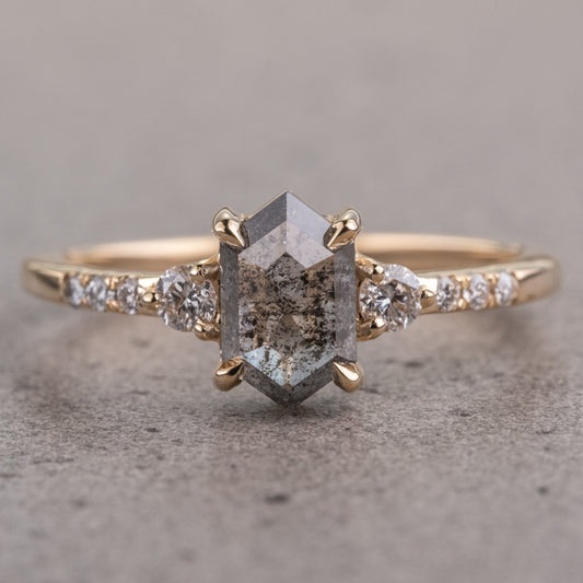 Natural Salt And Pepper 1.75CT Hexagon Diamond Art Deco Unique Engagement Ring | Handmade Ring | Anniversary Ring