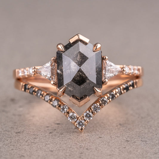 Natural Salt And Pepper 1.80CT Hexagon Diamond Art Deco Unique Engagement Ring | Handmade Ring | Anniversary Ring - IBIZ Jewel