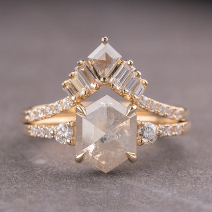 Natural Salt And Pepper 1.45CT Hexagon Diamond Boho &amp; Hippie Engagement Ring