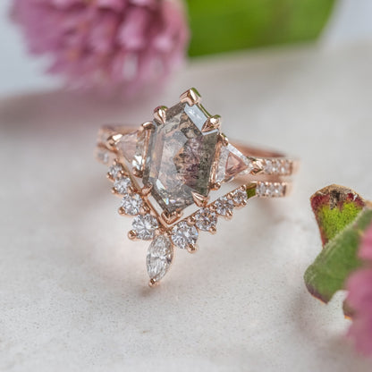 Natural Salt And Pepper 1.29CT Hexagon Diamond Gothic Anniversary Ring