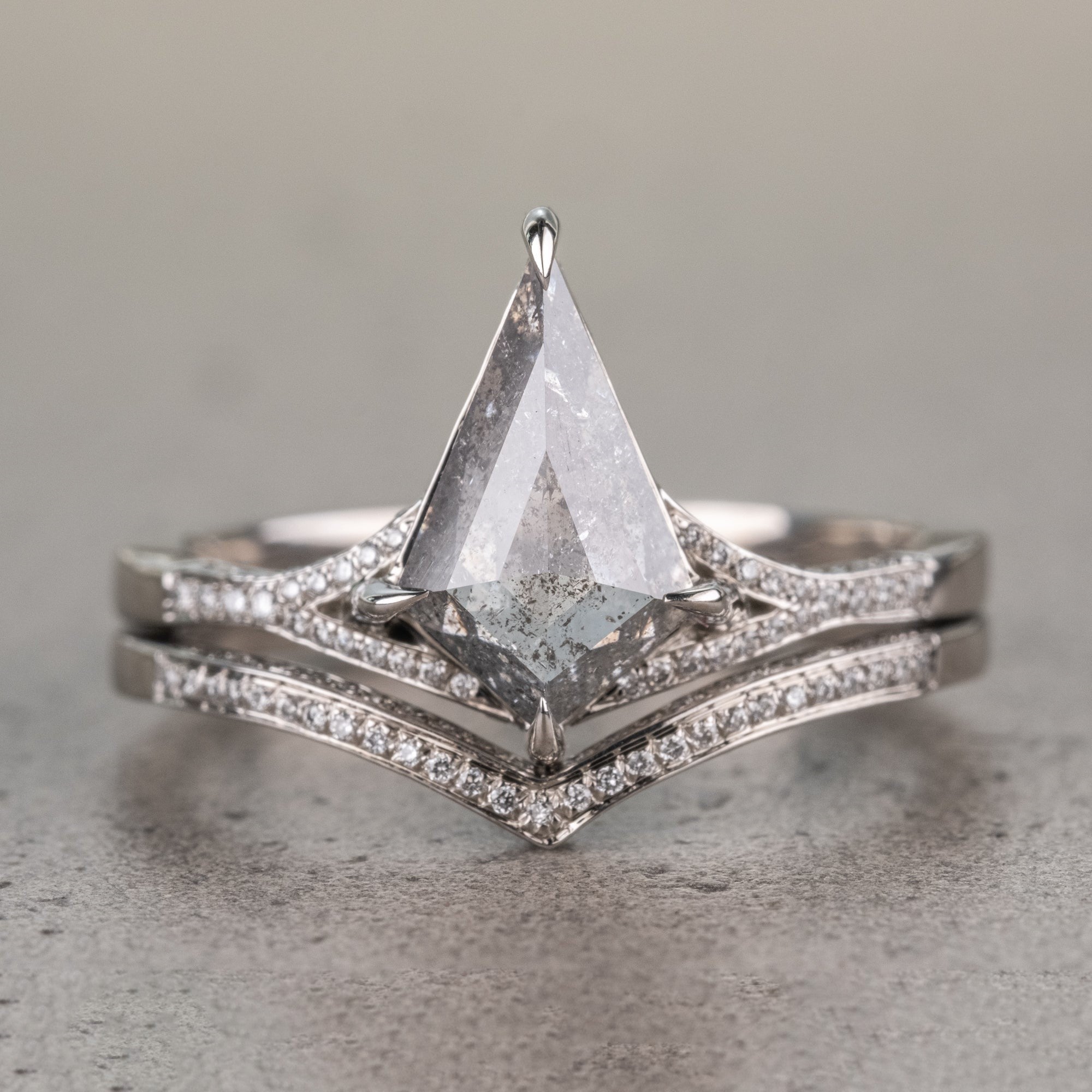 Natural Salt And Pepper 1.18CT Kite Diamond Avant Garde Handmade Ring