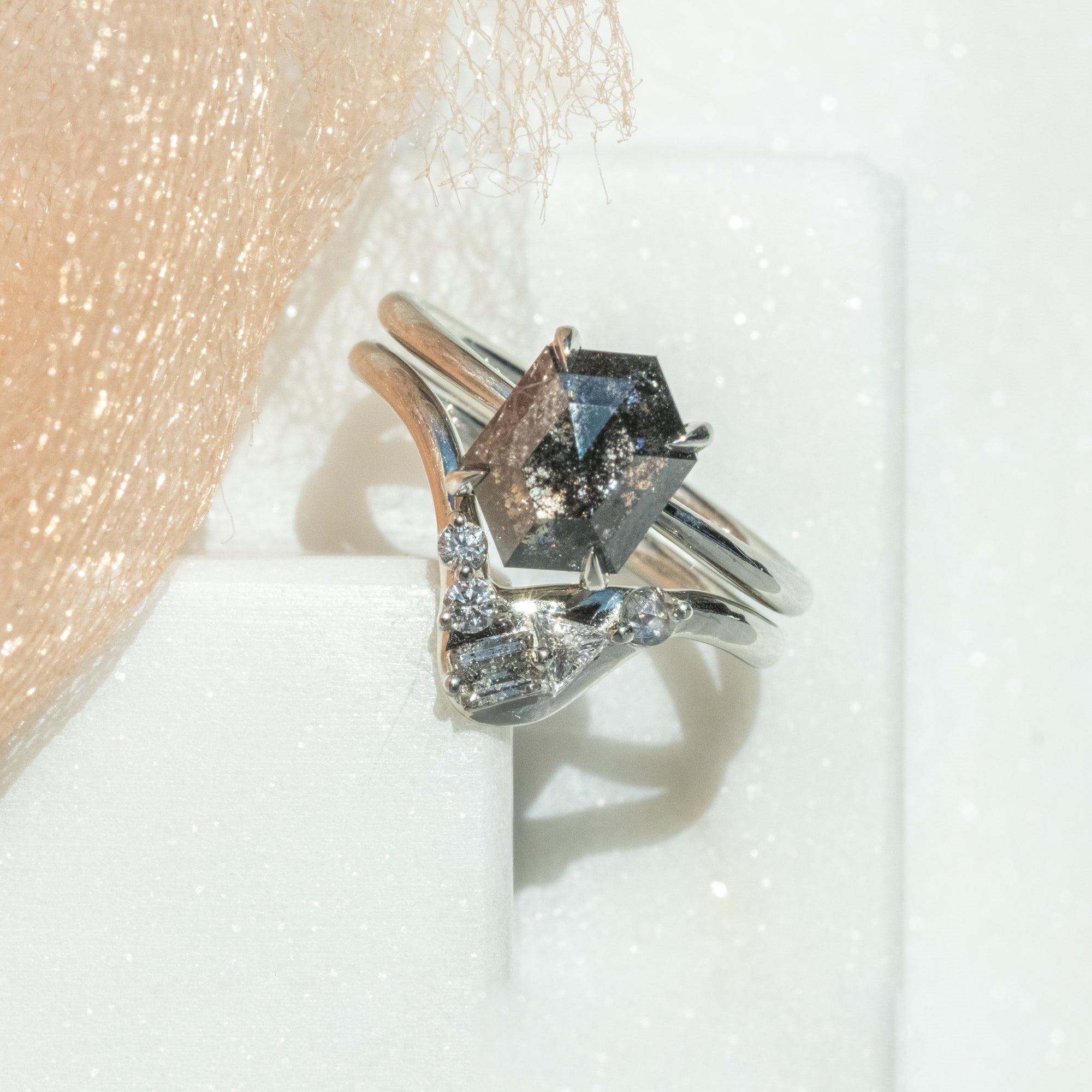 Natural Salt And Pepper 1.05CT Hexagon Diamond Boho &amp; Hippie Wedding Ring