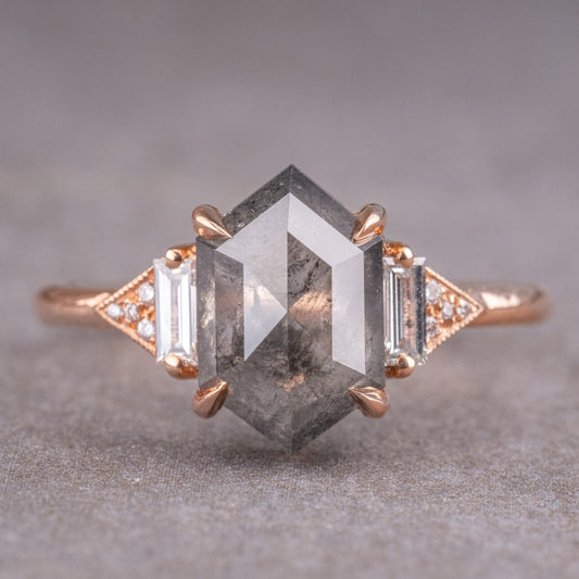 Natural Salt And Pepper 1.45CT Hexagon Diamond Art Deco Unique Engagement Ring | Handmade Ring | Anniversary Ring