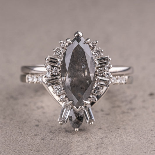 Natural Salt And Pepper 1.45CT Marquise Diamond Brutalist Anniversary Ring