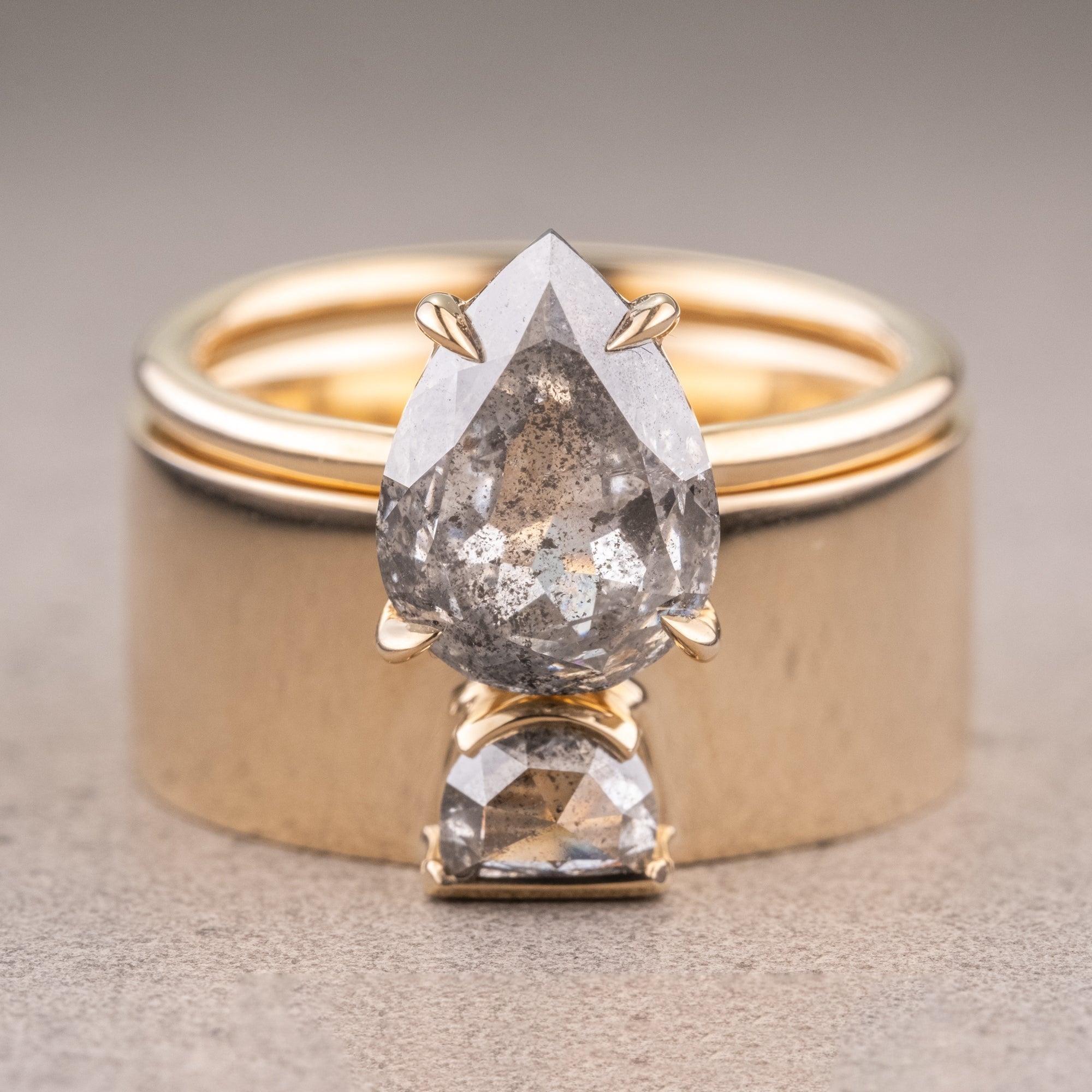 Natural Salt And Pepper 1.35CT Pear Diamond Edwardian Anniversary Ring