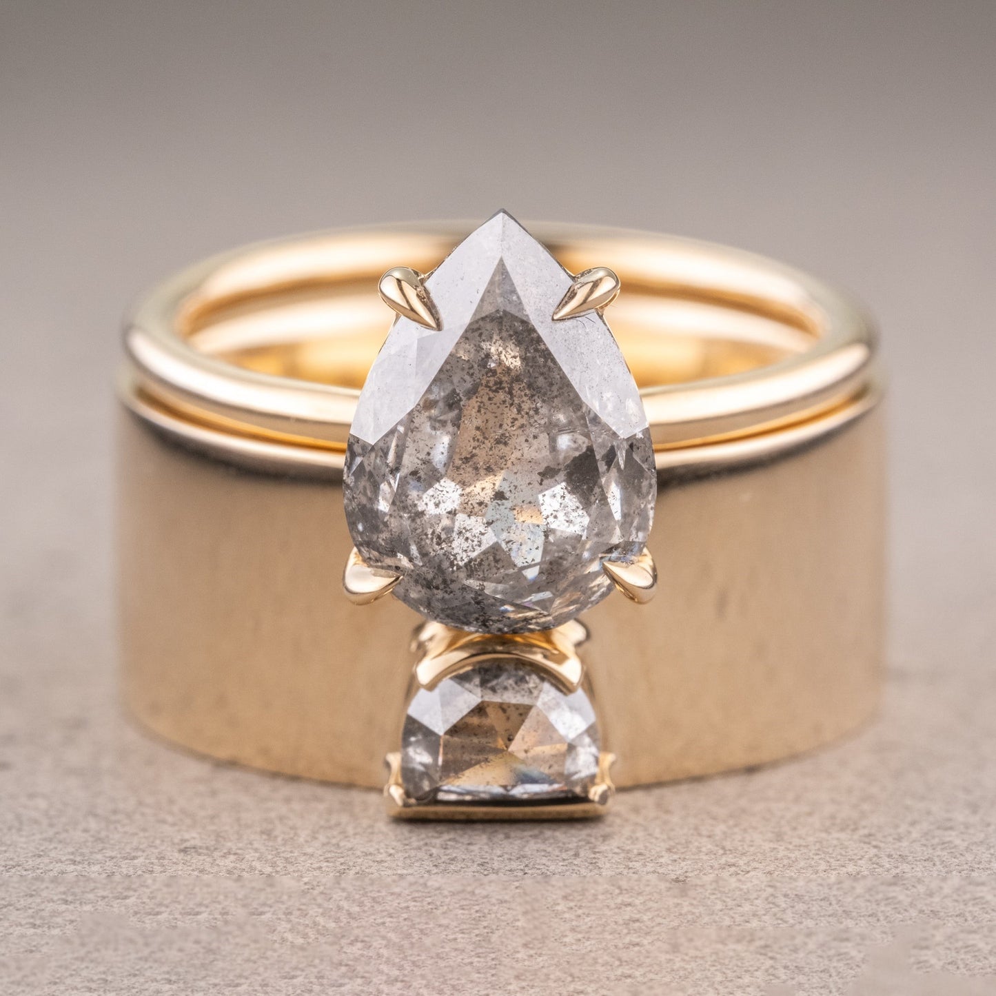 Natural Salt And Pepper 1.35CT Pear Diamond Edwardian Anniversary Ring