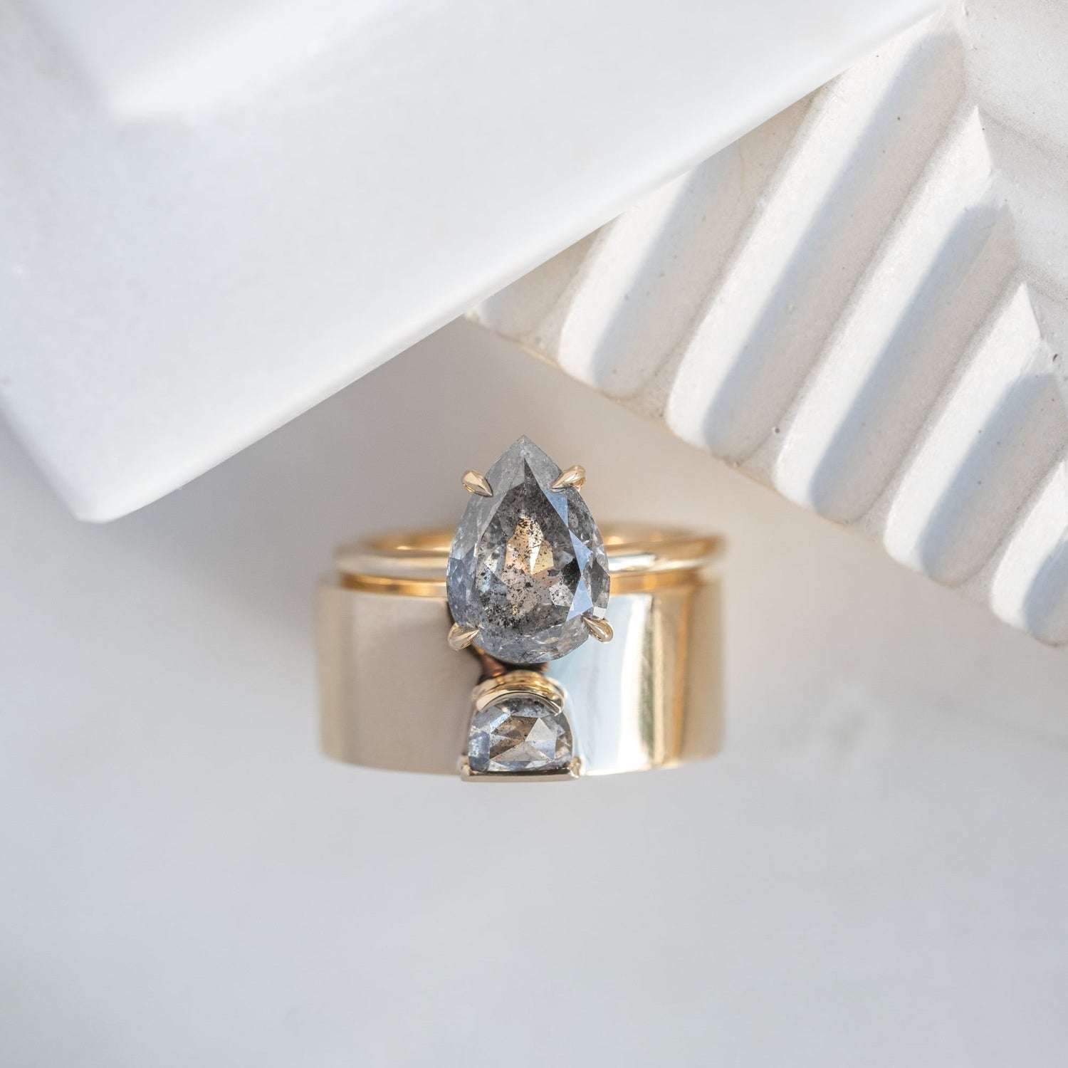 Natural Salt And Pepper 1.35CT Pear Diamond Edwardian Anniversary Ring