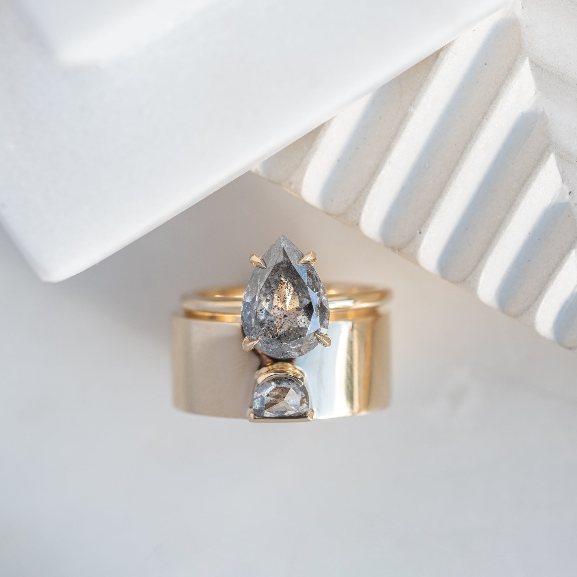 Natural Salt And Pepper 1.35CT Pear Diamond Edwardian Anniversary Ring