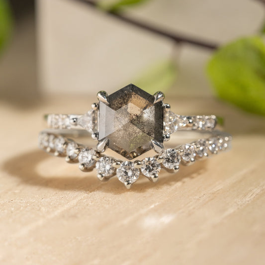 Natural Salt And Pepper 1.50CT Hexagon Diamond Art Nouveau Anniversary Ring