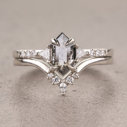 Natural Salt And Pepper 1.58CT Hexagon Diamond Victorian Anniversary Ring