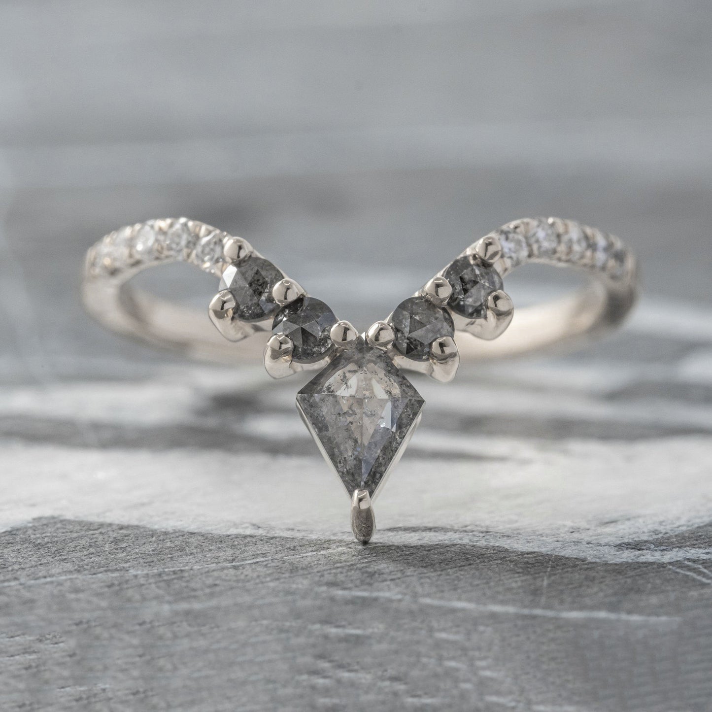 Natural Salt And Pepper 1.40CT Kite Diamond Edwardian Anniversary Ring