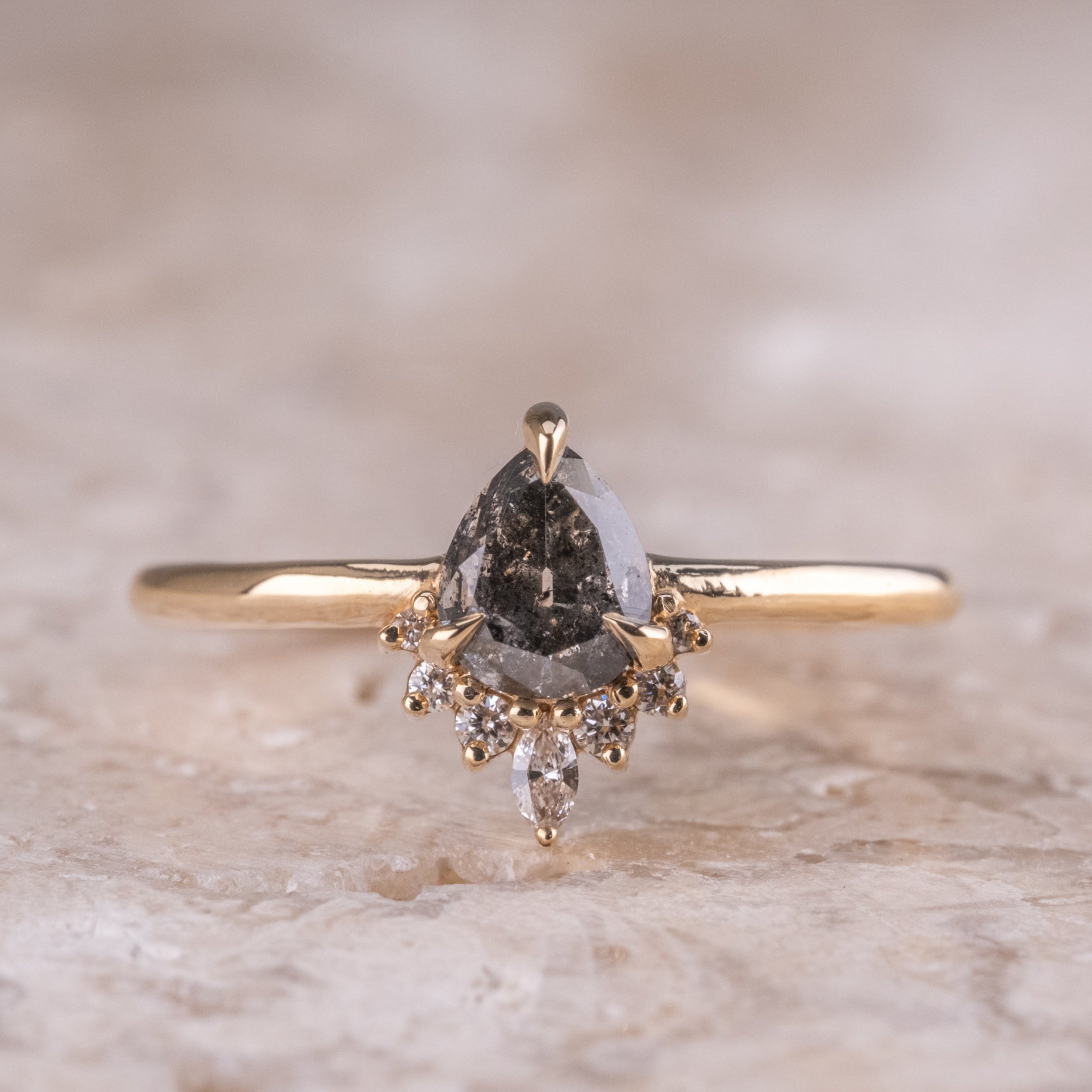 Natural Salt And Pepper 1.45CT Pear Diamond Art Deco Unique Engagement Ring | Handmade Ring | Anniversary Ring