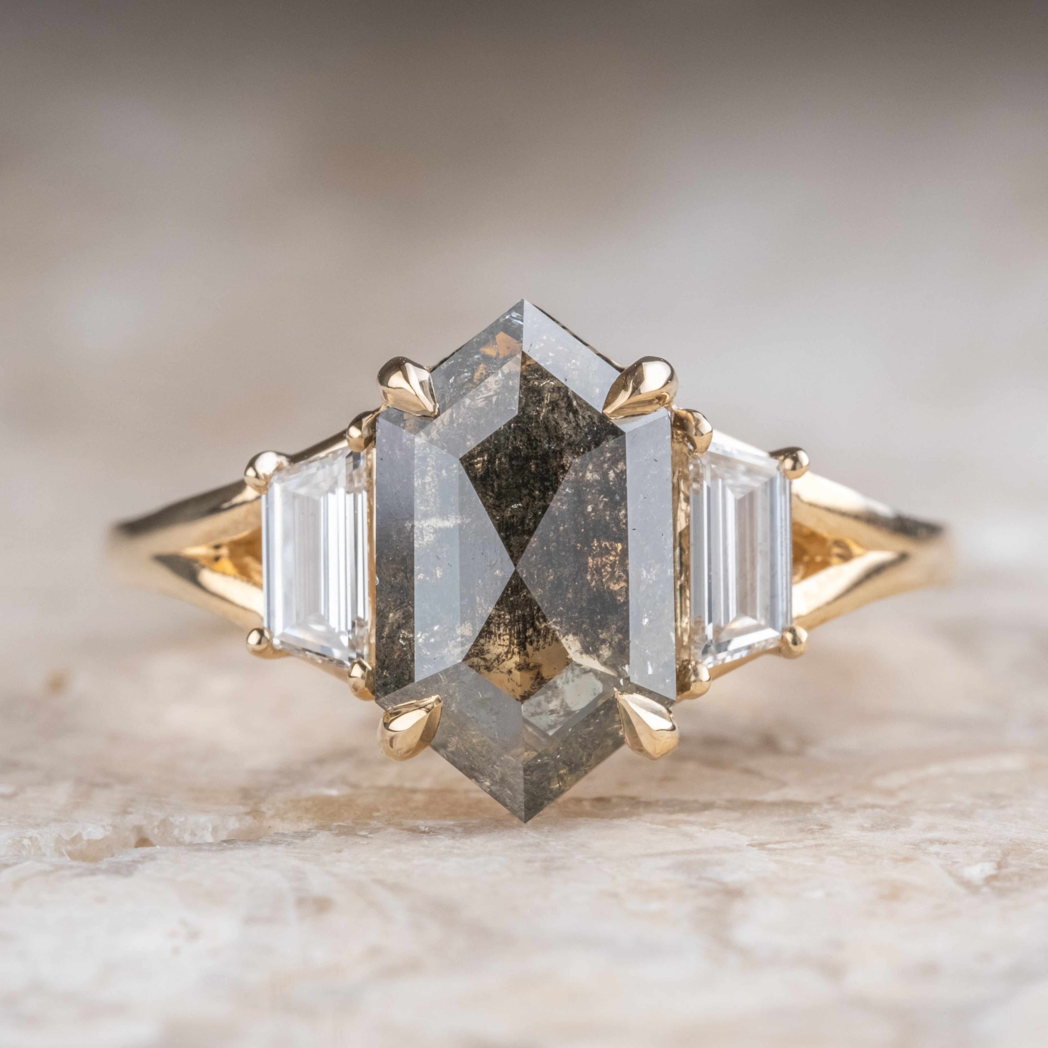 Natural Salt And Pepper 1.70CT Hexagon Diamond Art Deco Unique Engagement Ring | Handmade Ring | Anniversary Ring