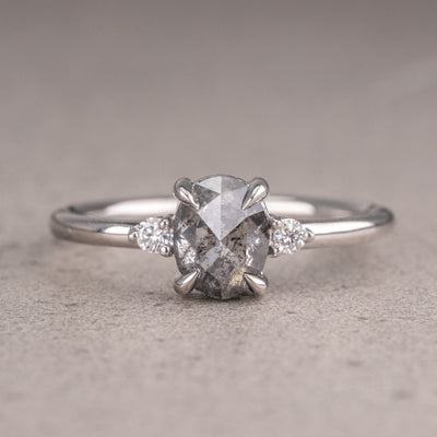Natural Salt And Pepper 1.45CT Oval Diamond Art Deco Unique Engagement Ring | Handmade Ring | Anniversary Ring