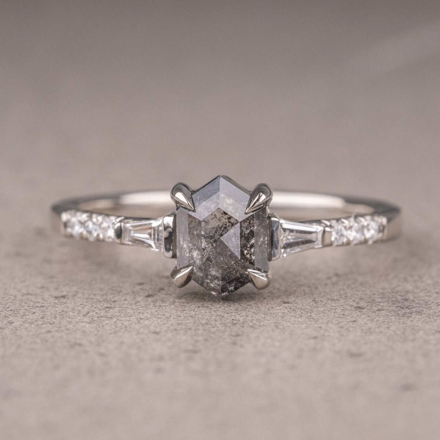 Natural Salt And Pepper 1.45CT Hexagon Diamond Art Deco Unique Engagement Ring | Handmade Ring | Anniversary Ring