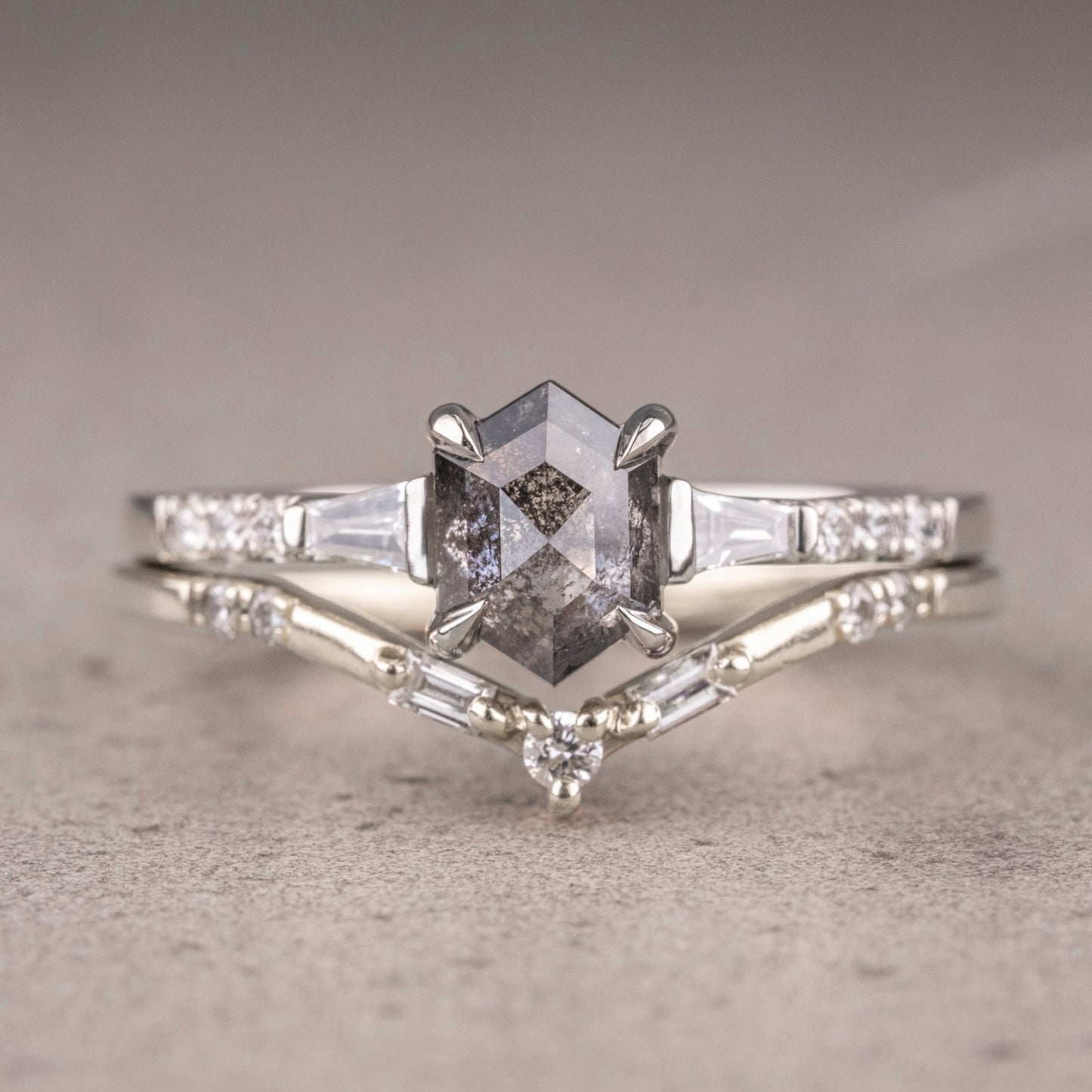 Natural Salt And Pepper 1.45CT Hexagon Diamond Art Deco Unique Engagement Ring | Handmade Ring | Anniversary Ring