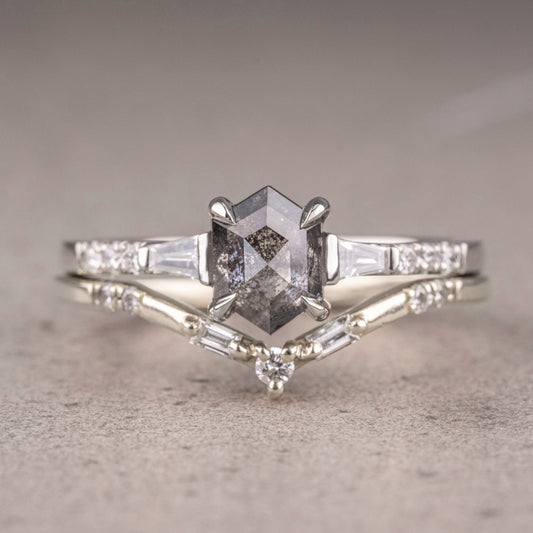 Natural Salt And Pepper 1.45CT Hexagon Diamond Art Deco Unique Engagement Ring | Handmade Ring | Anniversary Ring - IBIZ Jewel