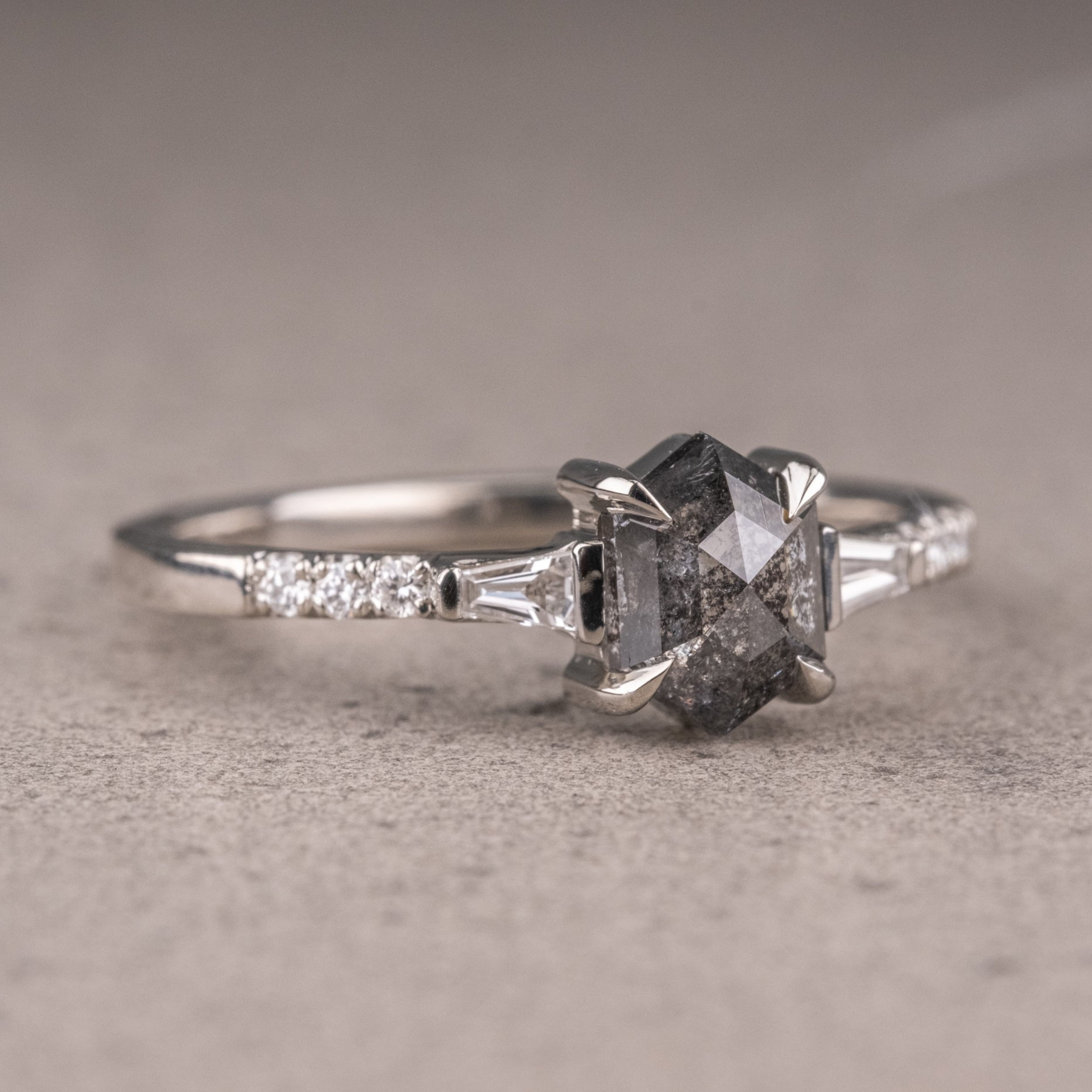 Natural Salt And Pepper 1.45CT Hexagon Diamond Art Deco Unique Engagement Ring | Handmade Ring | Anniversary Ring