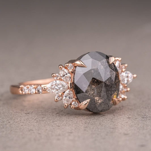 Natural Salt And Pepper 2.10CT Oval Diamond Art Deco Unique Engagement Ring | Handmade Ring | Anniversary Ring - IBIZ Jewel
