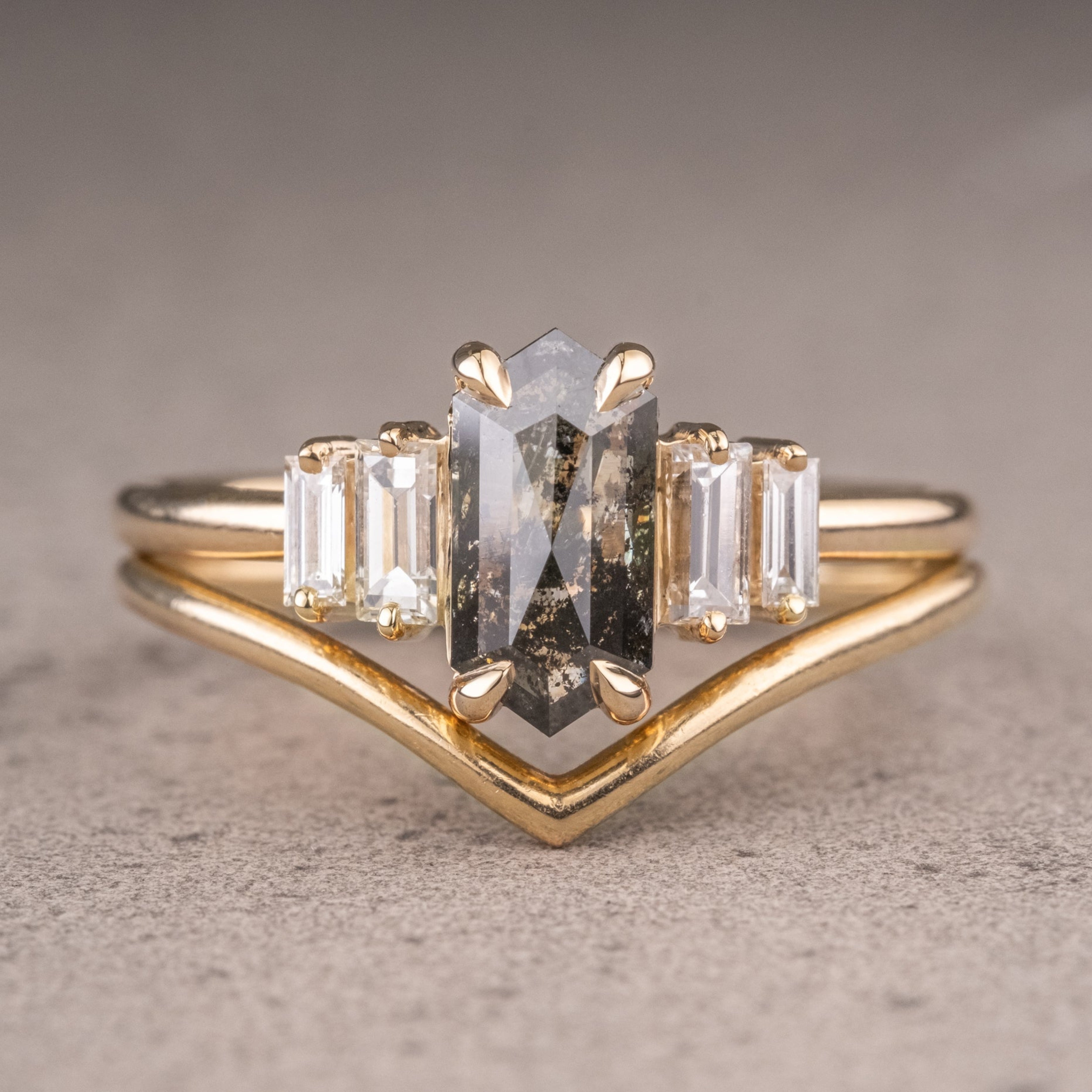 Natural Salt And Pepper 1.80CT Hexagon Diamond Art Deco Unique Engagement Ring | Handmade Ring | Anniversary Ring