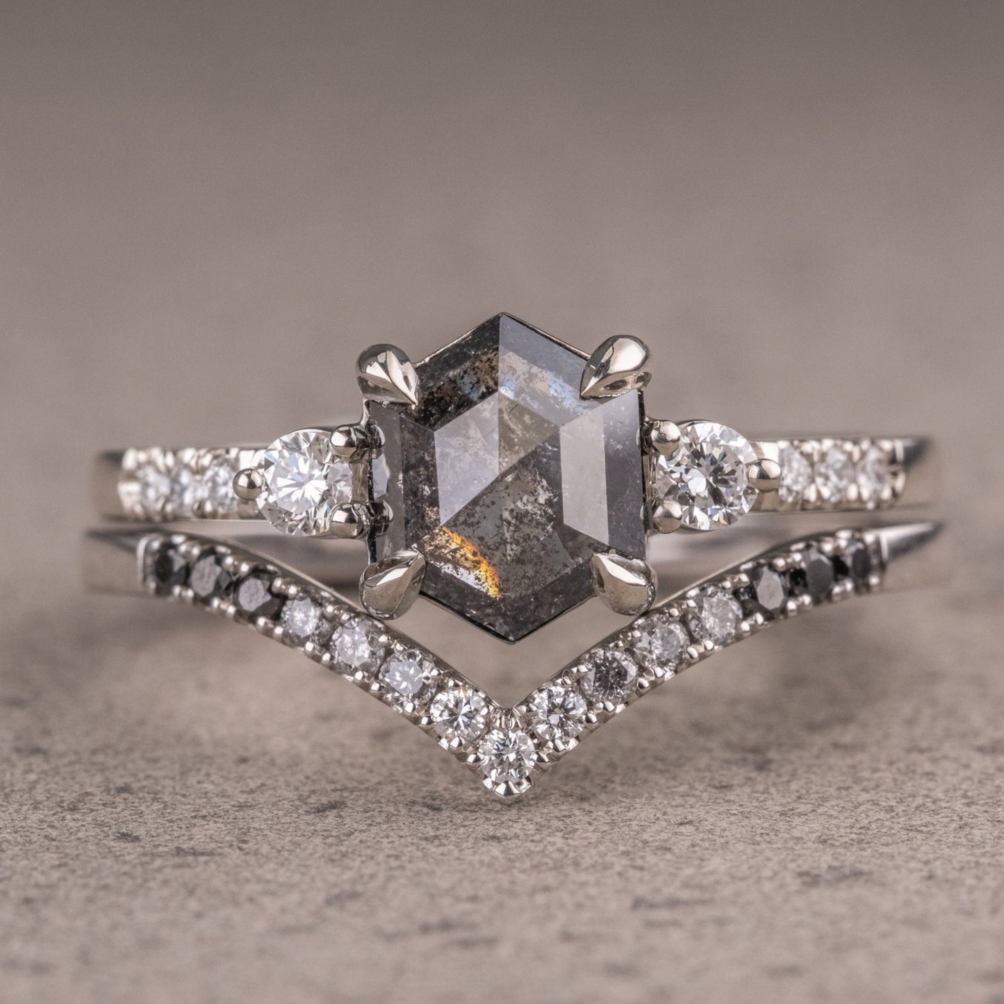 Natural Salt And Pepper 1.95CT Hexagon Diamond Art Deco Unique Engagement Ring | Handmade Ring | Anniversary Ring