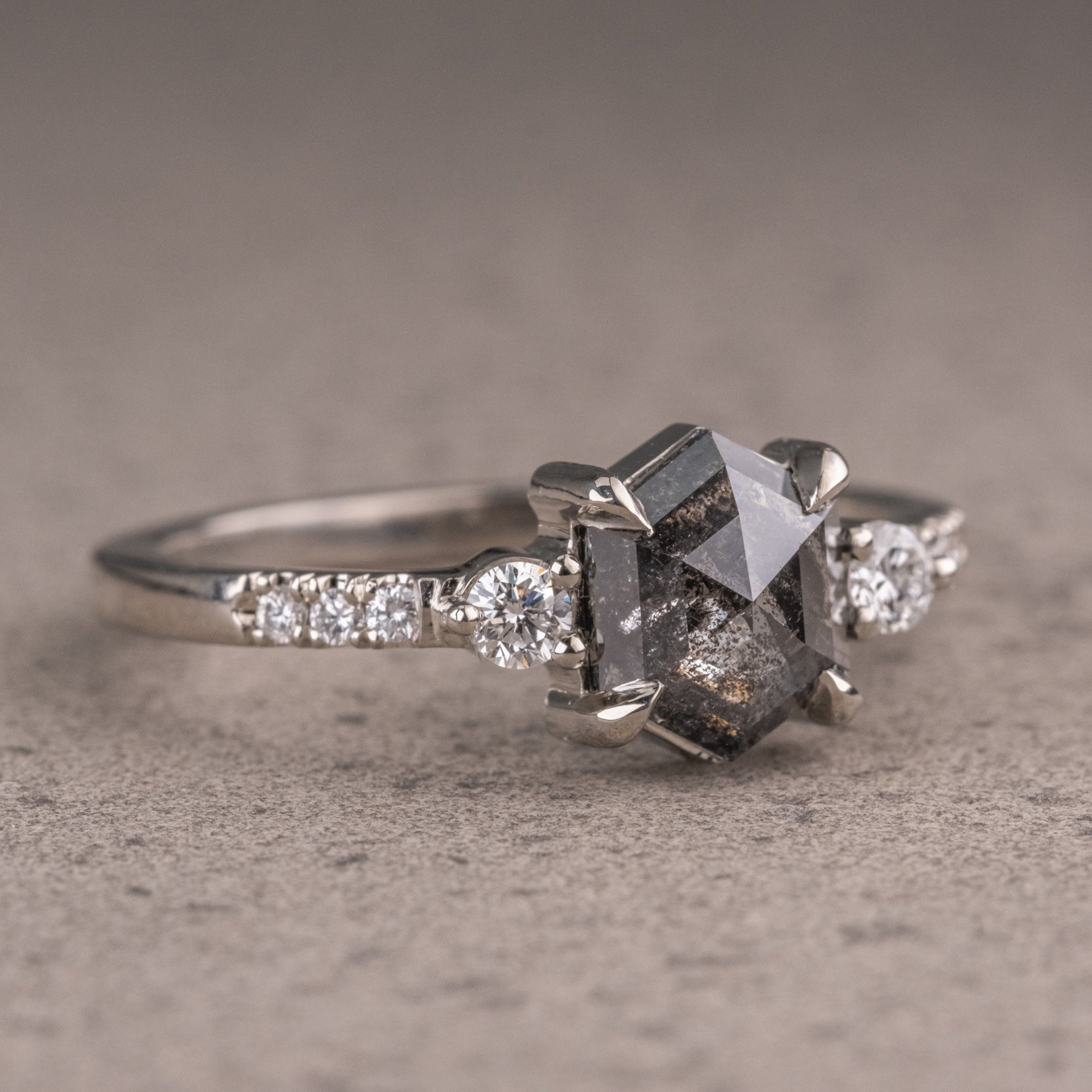 Natural Salt And Pepper 1.95CT Hexagon Diamond Art Deco Unique Engagement Ring | Handmade Ring | Anniversary Ring