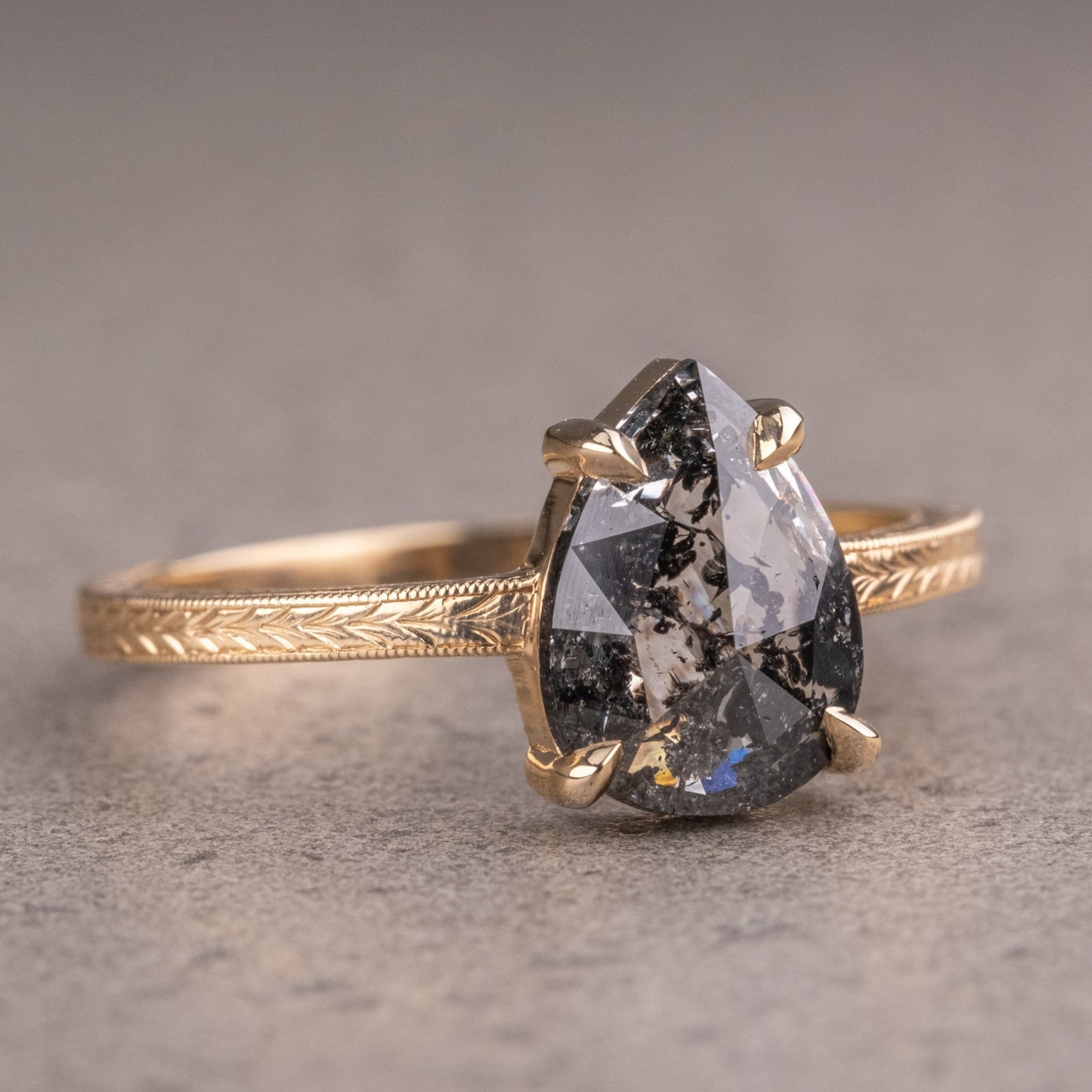 Natural Salt And Pepper 1.70CT Pear Diamond Art Deco Unique Engagement Ring | Handmade Ring | Anniversary Ring