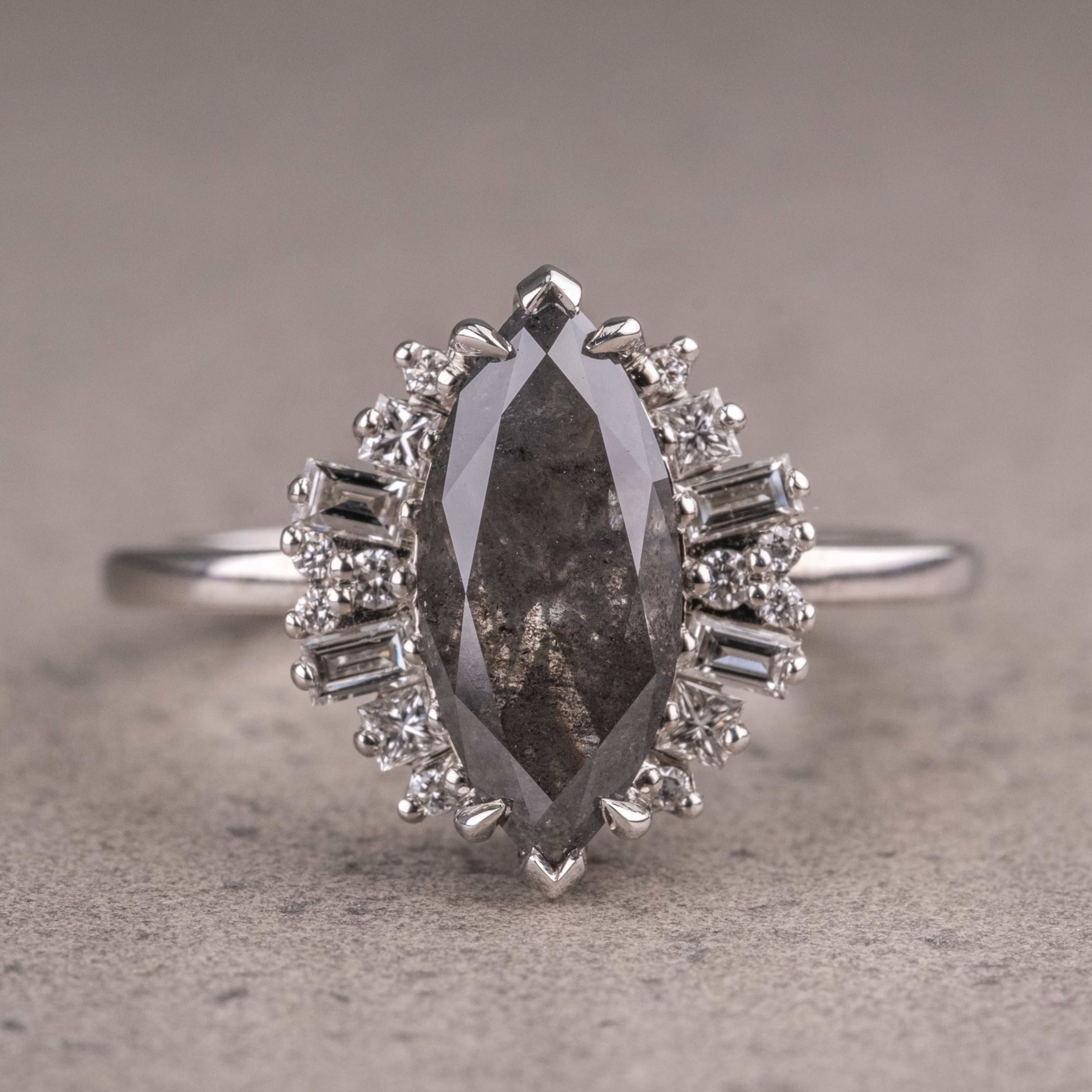 Natural Salt And Pepper 1.90CT Marquise Diamond Art Deco Unique Engagement Ring | Handmade Ring | Anniversary Ring