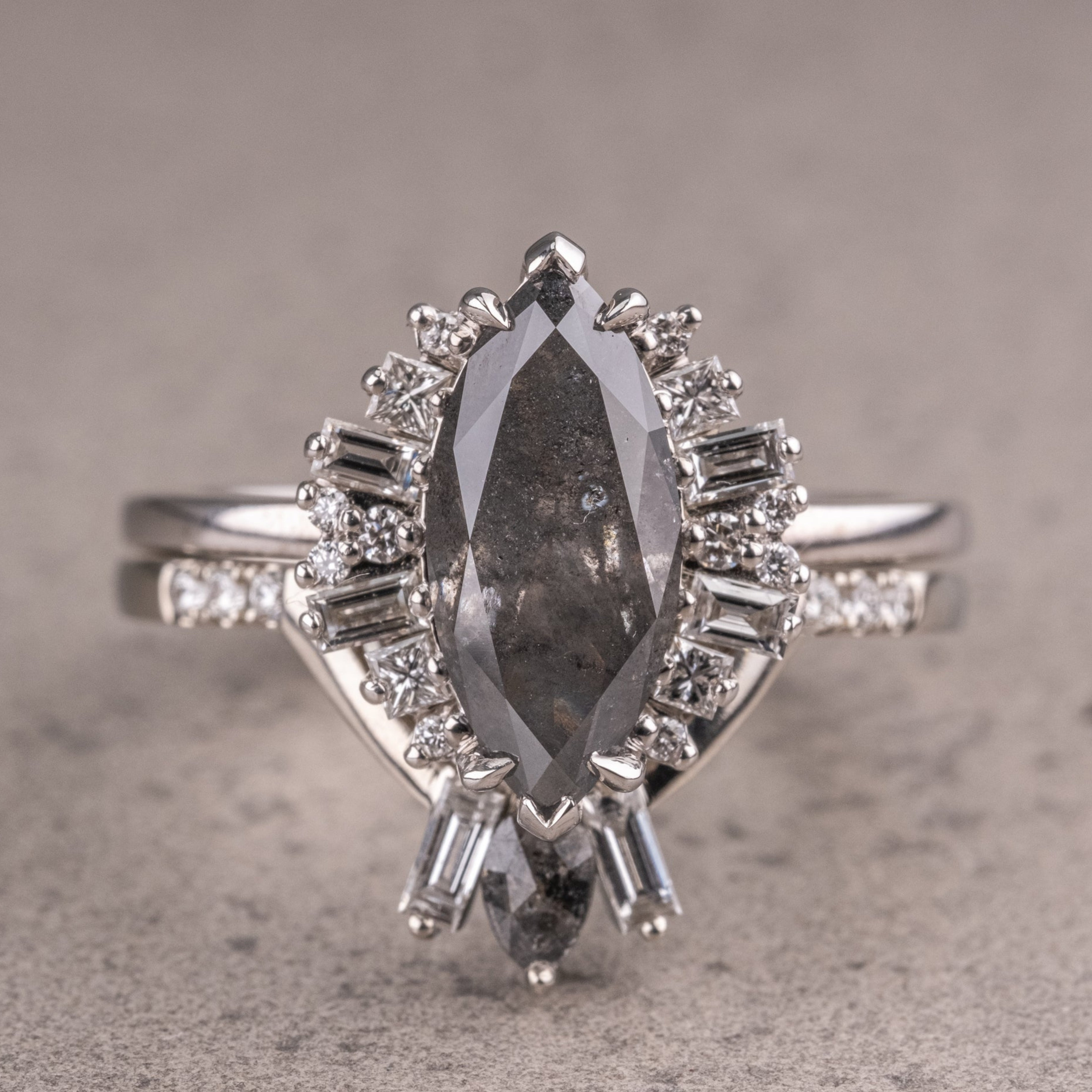 Natural Salt And Pepper 1.90CT Marquise Diamond Art Deco Unique Engagement Ring | Handmade Ring | Anniversary Ring