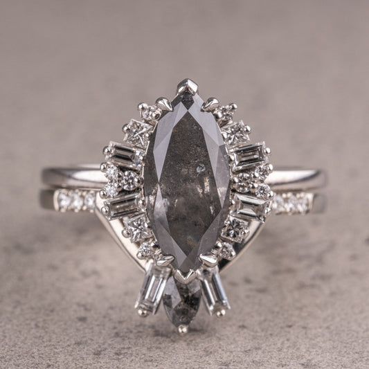 Natural Salt And Pepper 1.90CT Marquise Diamond Art Deco Unique Engagement Ring | Handmade Ring | Anniversary Ring - IBIZ Jewel