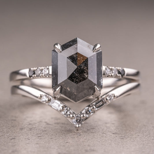 Natural Salt And Pepper 1.70CT Hexagon Diamond Art Deco Unique Engagement Ring | Handmade Ring | Anniversary Ring - IBIZ Jewel