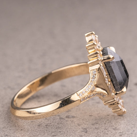 Natural Salt And Pepper 1.90CT Hexagon Diamond Art Deco Unique Engagement Ring | Handmade Ring | Anniversary Ring - IBIZ Jewel
