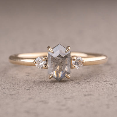 Natural Salt And Pepper 1.35CT Hexagon Diamond Art Deco Unique Engagement Ring | Handmade Ring | Anniversary Ring