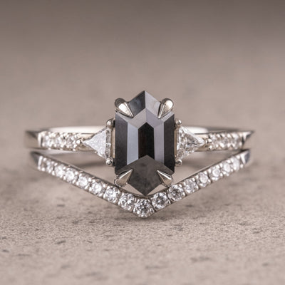 Natural Salt And Pepper 1.70CT Hexagon Diamond Art Deco Unique Engagement Ring | Handmade Ring | Anniversary Ring