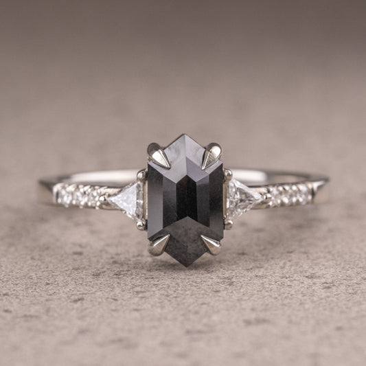 Natural Salt And Pepper 1.70CT Hexagon Diamond Art Deco Unique Engagement Ring | Handmade Ring | Anniversary Ring