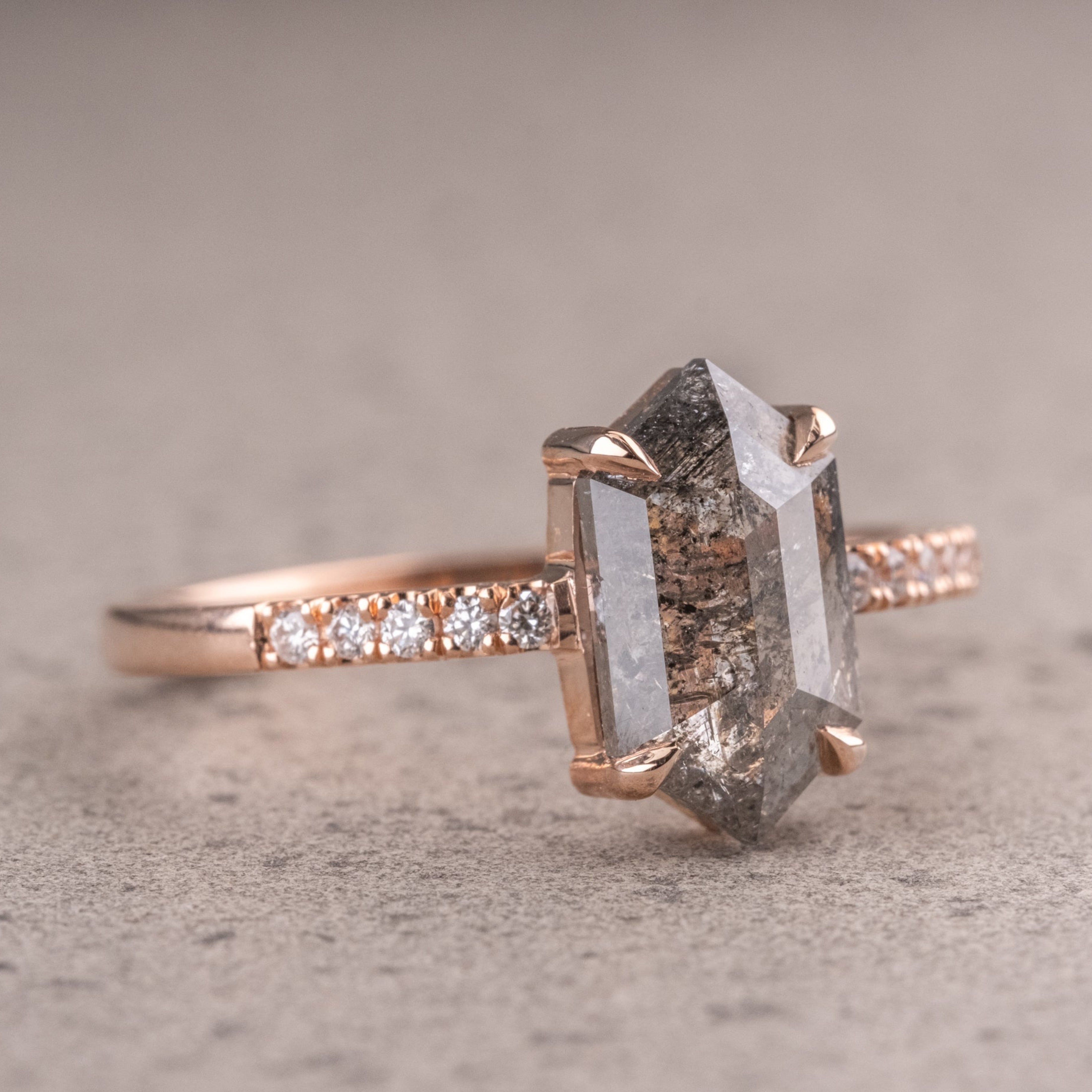 Natural Salt And Pepper 1.35CT Hexagon Diamond Art Deco Unique Engagement Ring | Handmade Ring | Anniversary Ring