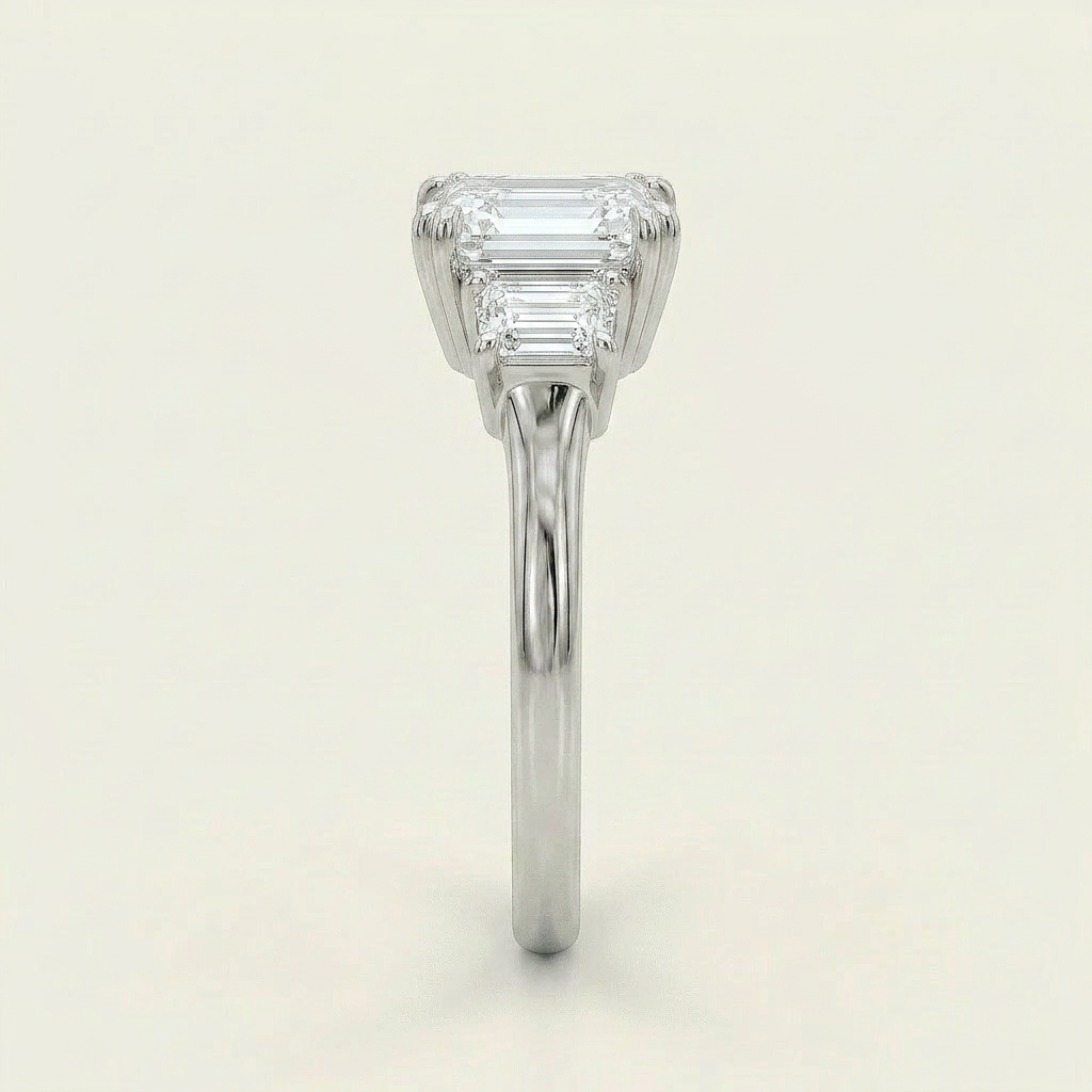 Moissanite 3.35 CT Emerald & Tapered Cut Diamond Three Stone Ring