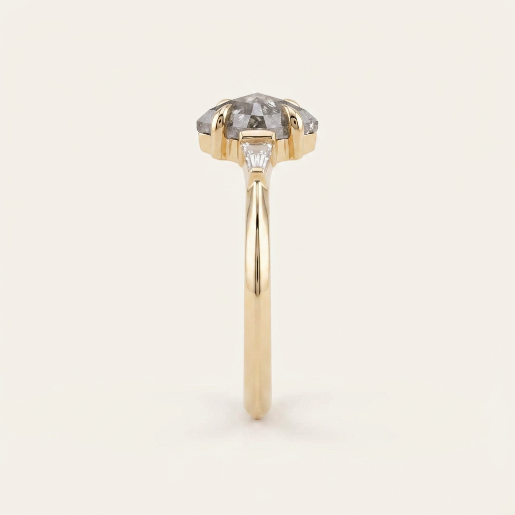 1.20 CT Kite & Tapered Baguette Cut Salt and Pepper Diamond Three Stone Ring