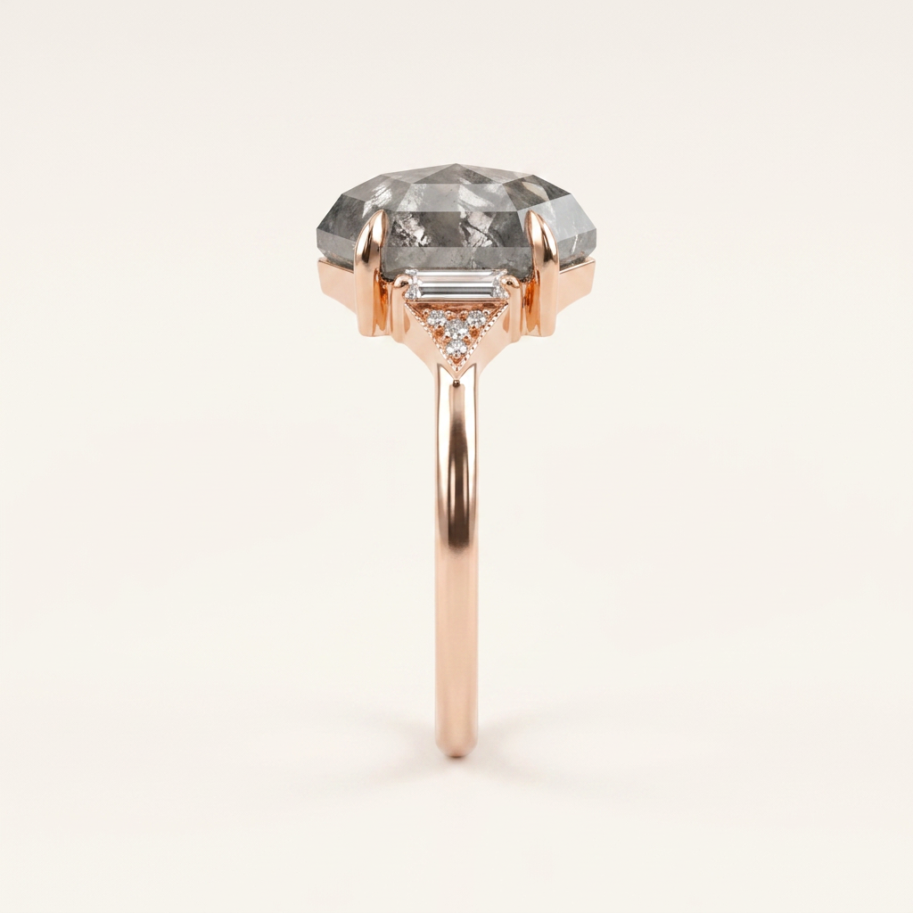 1.45 CT Hexagon & Round Cut Salt and Pepper Diamond Three Stone Ring (V2)