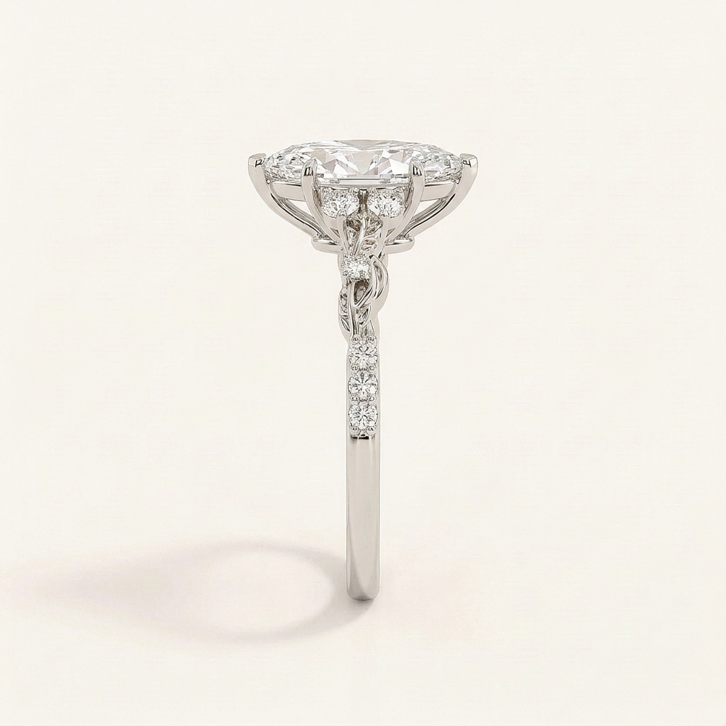 Lab Grown 1.50 CT Marquise Cut Diamond Leaf Accent Solitaire Ring
