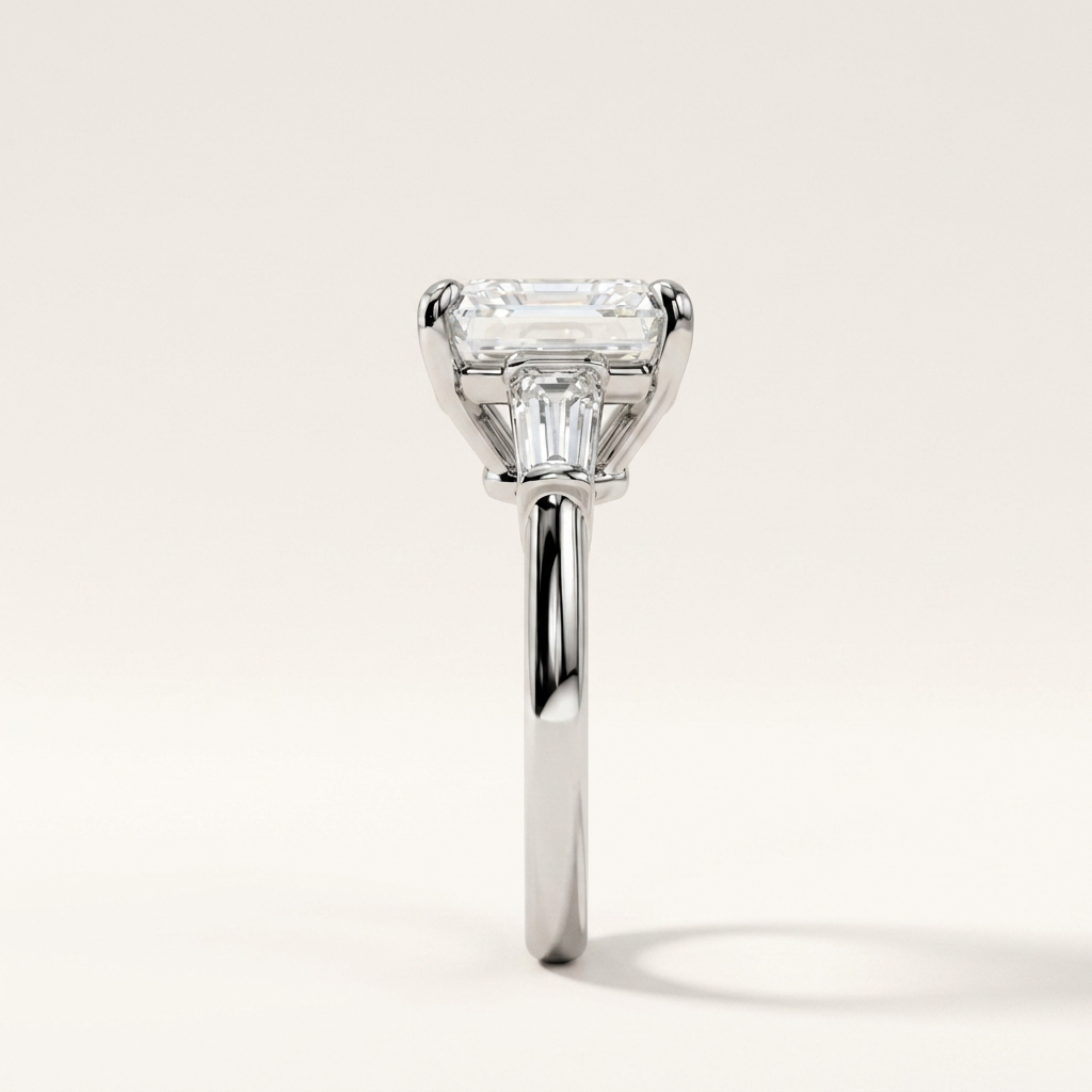 Moissanite 3.57 CT Asscher & Tapered Cut Diamond Three Stone Ring