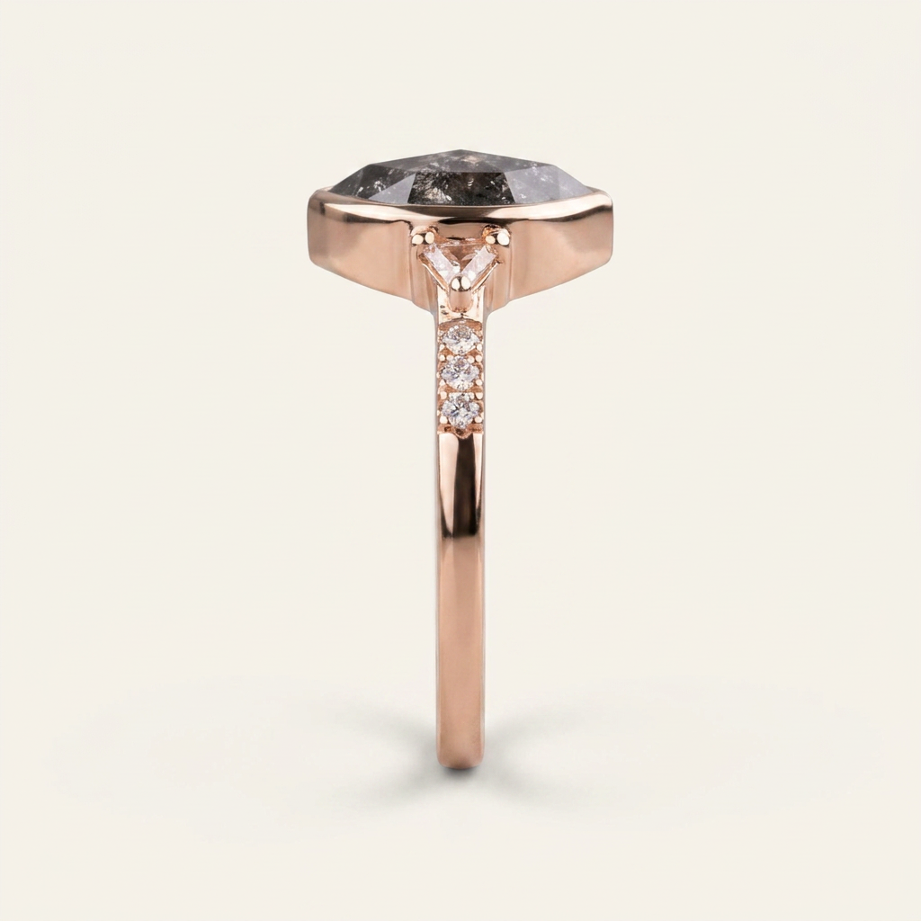 1.90 CT Marquise & Trillion Cut Salt and Pepper Diamond Three Stone Ring
