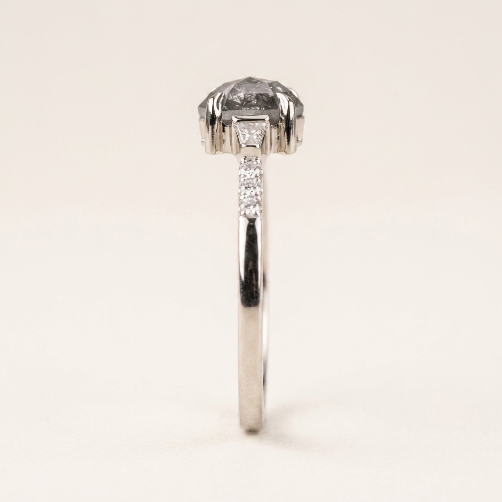 1.45 CT Hexagon & Round Cut Salt and Pepper Diamond Three Stone Ring (V-Artdeco)