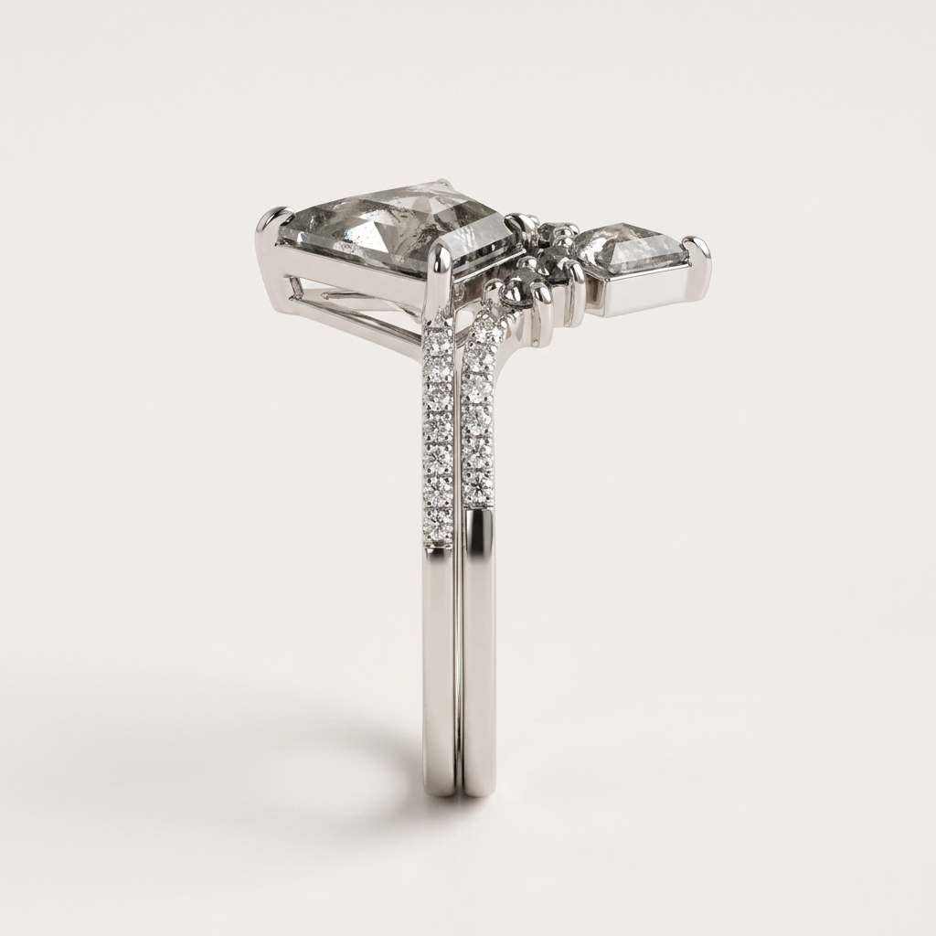 1.40 CT Kite Cut Salt and Pepper Diamond Solitaire with Side Stones Ring