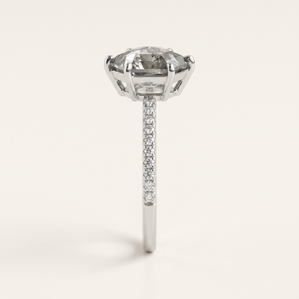 1.50 CT Hexagon Cut Salt and Pepper Diamond Pavé Solitaire Ring