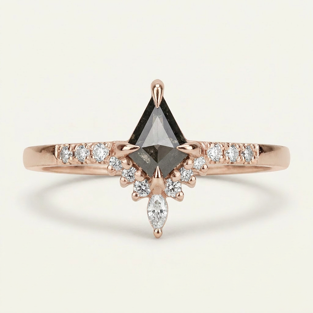 1.25 CT Kite & Round Cut Salt and Pepper Diamond Cluster Ring